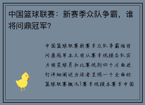 中国篮球联赛：新赛季众队争霸，谁将问鼎冠军？